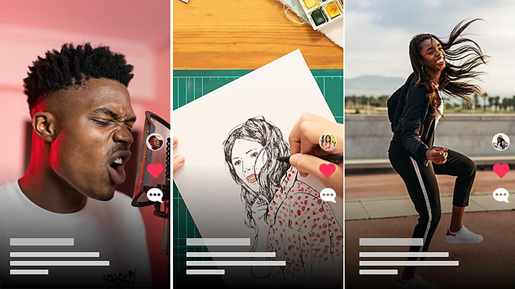Three video stills from TikTok videos side by side: One of a person singing into a microphone, one of someone drawing a person, and one of someone dancing