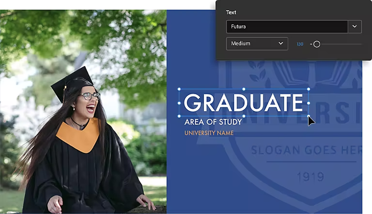Editing title text on a graduation slideshow with a photo of a student graduate on it.