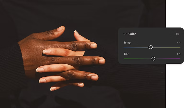 An image of two people holding hands and the Adobe Photoshop Lightroom Color editing panel superimposed over it
