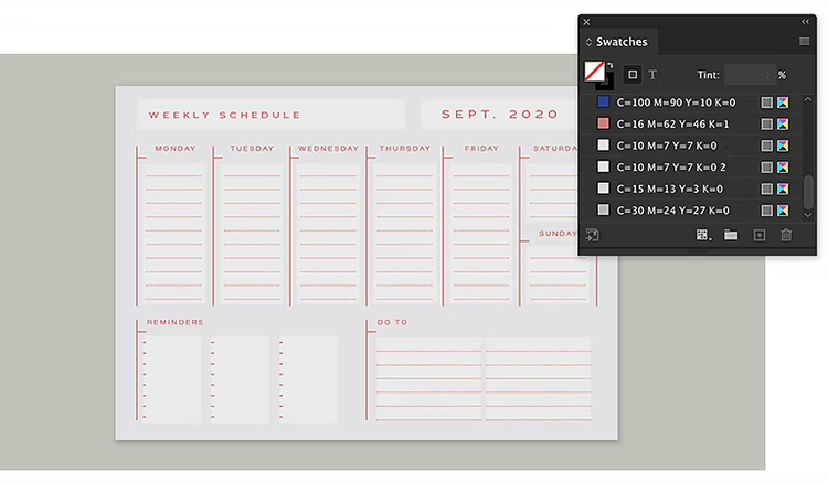 Sample of a weekly planner created in Adobe InDesign