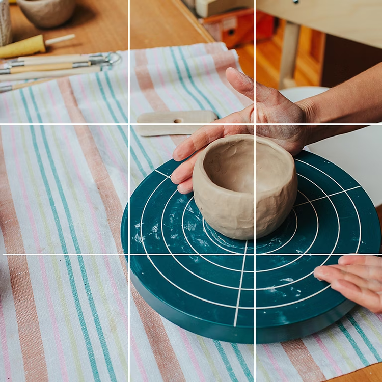 The image of a person making a pot on a pottery wheel and a photo grid superimposed over it