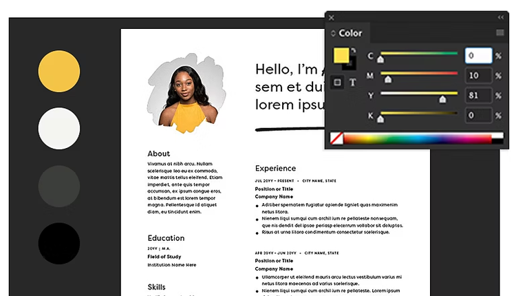 Designing a color palette for a college resume in Adobe InDesign