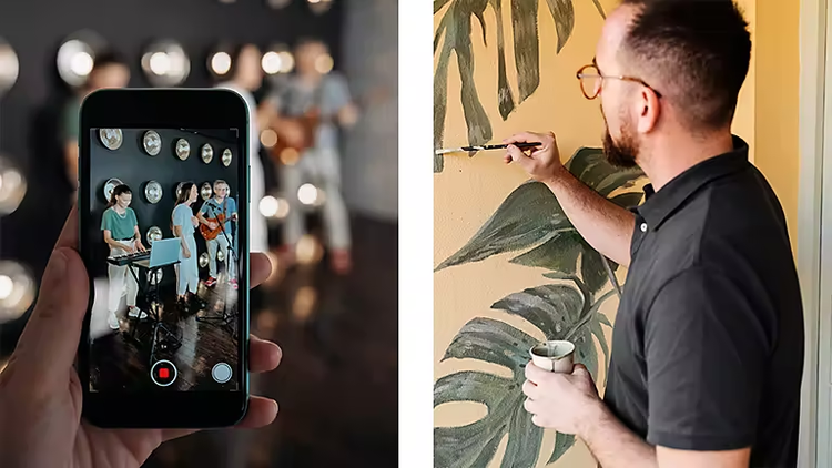 A person holding their phone up to record a band playing and A person painting their favorite piece of art