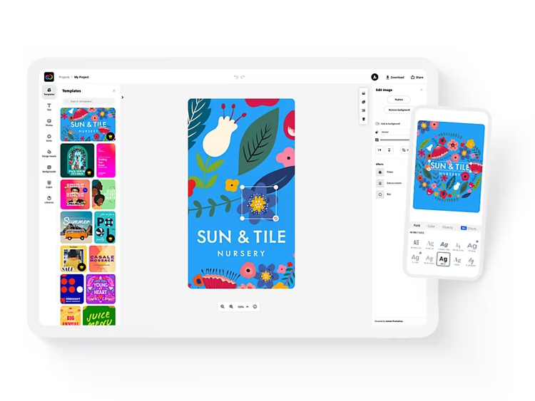 Adobe Express being used to edit a graphic with the title "Sun & Tile Nursery"