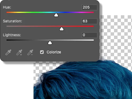 An image preview of the dark brown hair turned blue next to the Photoshop Colorize tool with color sliders.