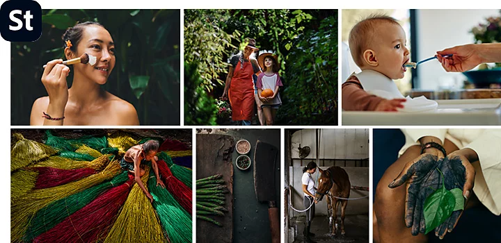 A collage of stock photography of daily life around the world with the Adobe Stock icon overlaid