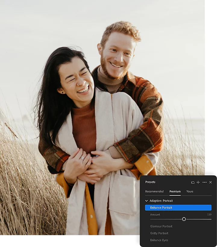 Lightroom Presets window superimposed on an engagement photo of a couple embracing each other.