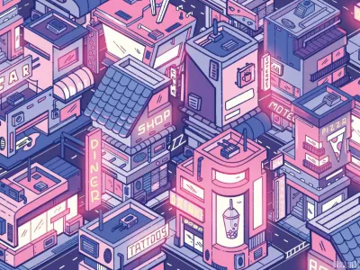 Graphic design of a pink-and-blue neon-hued futuristic cityscape that features buildings rendered using isometric principles