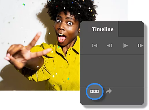 Preview of the Photoshop Timeline Panel with the “Convert to Frame Animation” button highlighted.