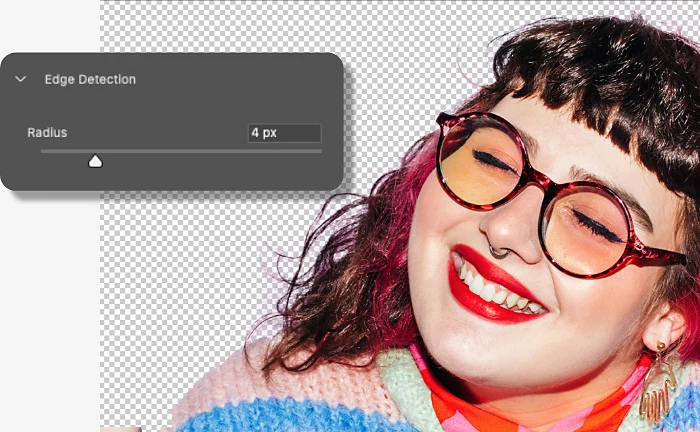 Close-up of the person wearing glasses with the Edge Detection menu visible and the Radius slider set to 4 pixels.