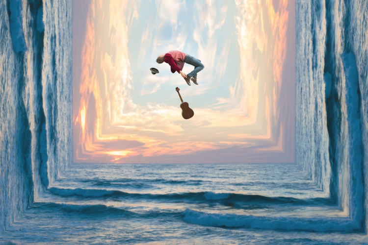 A photo of a person floating in the sky above the ocean.