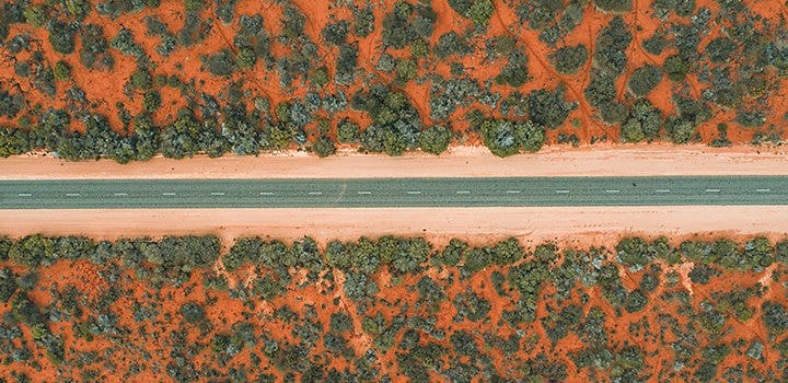 An aerial view of a road as a leading line running through a forest