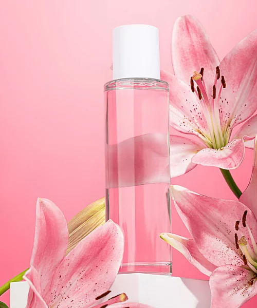 A product photo with flowers used as props.