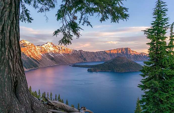 A mountainscape encircling a large lake