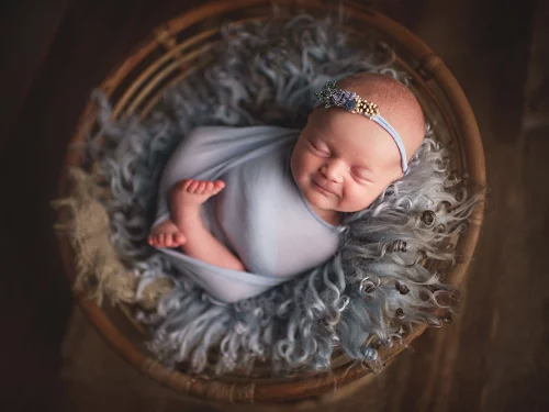 A photo of a newborn baby sleeping in a basket bed.