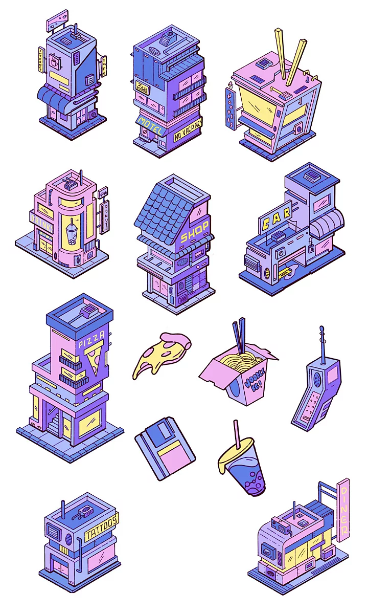 A splash sheet highlights different isolated designs from artist Jessica Thomas's isometric cityscape