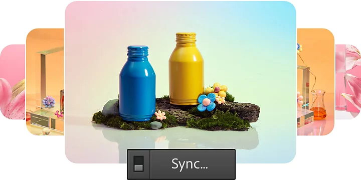 Sync button superimposed on product photos.