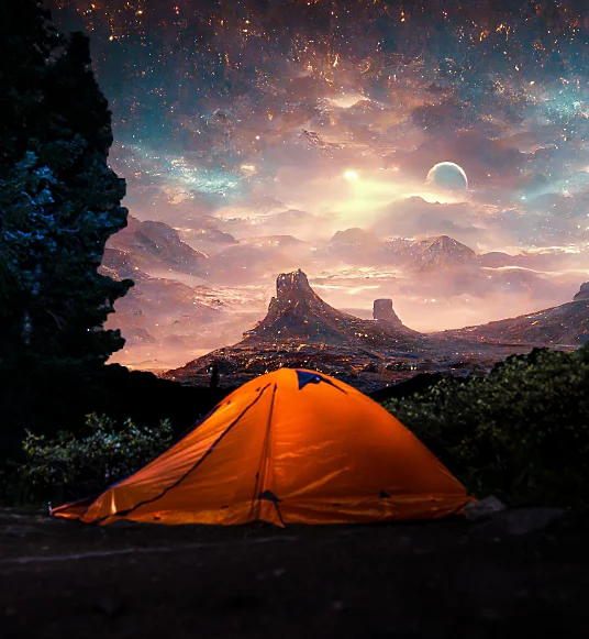 A photo of a camping tent at night. The sky looks otherworldly.