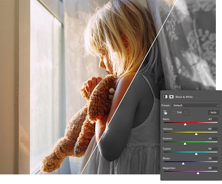 The Adobe Photoshop black and white settings pane superimposed over an image of a child standing in front of a window holding a stuffed animal