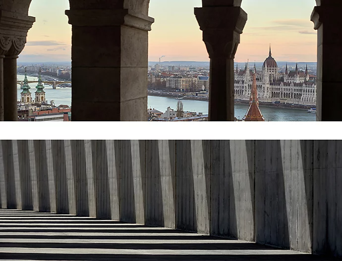 Two stacked photos: one of rock columns of a building with a cityscape behind them and one of columns casting shadows on a walkway demonstrating shadow photography