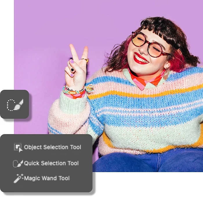 Cut-out image of a person on a lavender background with the Photoshop Quick Selection tool chosen from the Photoshop selection tool menu.