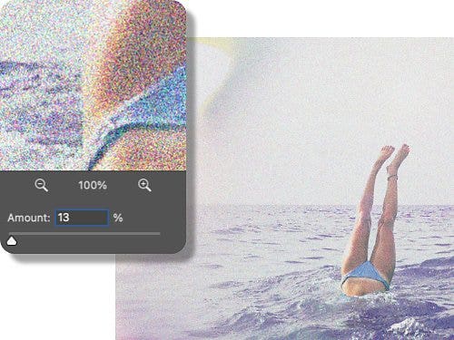 Preview of Photoshop’s “Add Noise” window with 13% grain with a close-up and full view of the edited photo.