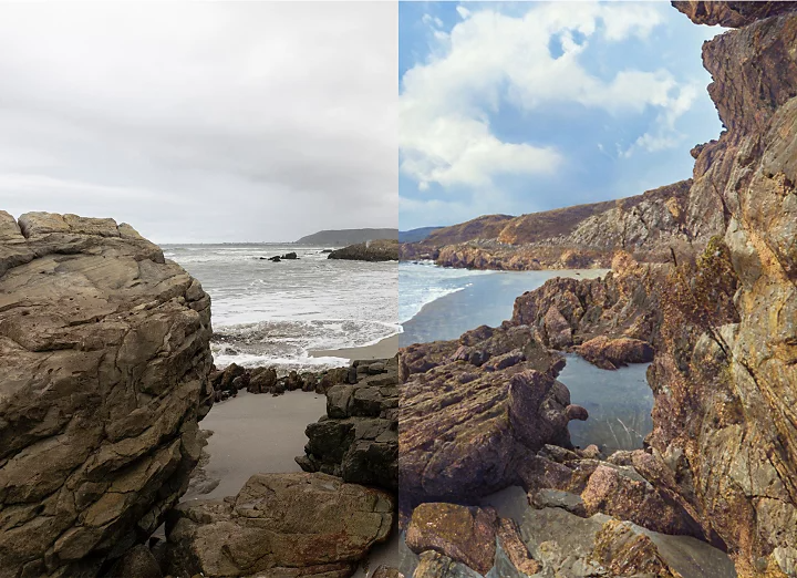 A photo of a beach with one side showing an overcast sky and the other side showing blue sky.