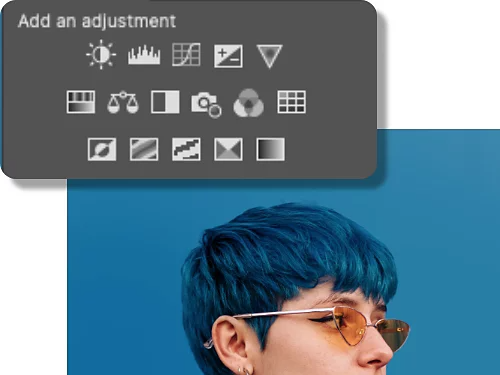 The Photoshop Adjustments Panel with list of adjustment icons above the final edited photo with colorized blue hair.