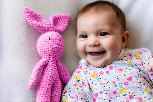 A photo of a newborn baby lying next to a pink stuffed animal.