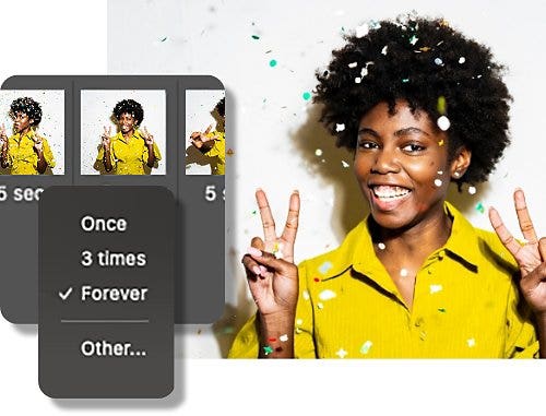 Preview of the Photoshop repeat menu with loop options for their animated GIF: once, 3 times, forever, or other.