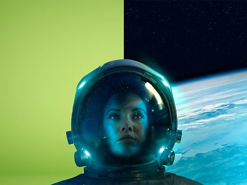 A side-by-side portrait photo of an astronaut. Half the image has a green background and the other half has a space background.