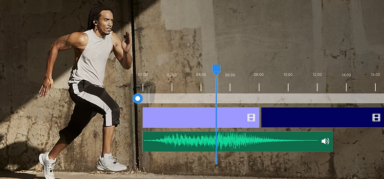 An L cut editing technique applied to a video and audio timeline superimposed over an image of a person running