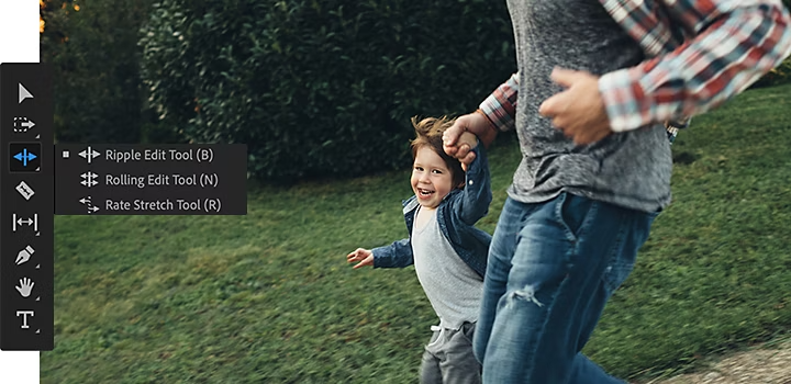 The Adobe Premiere Pro Ripple Edit Tool panel superimposed over an image of a parent walking with their child and holding their hand