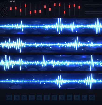 Graphic photo of neon blue audio frequency waves and control panel.