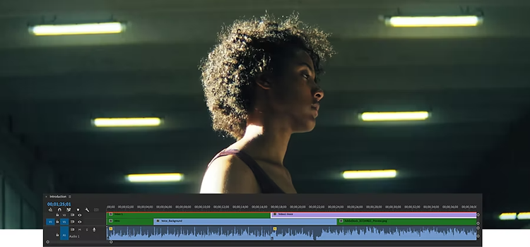 The Adobe Premiere Pro Video Timeline panel superimposed over an image of a person's side profile