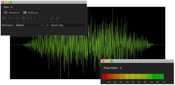 Adobe Audition tool interfaces superimposed on an audio file image