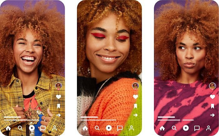 A model gives different looks on a TikTok like app with a laugh in the left image, smirk in the middle image, and a pout in the right image