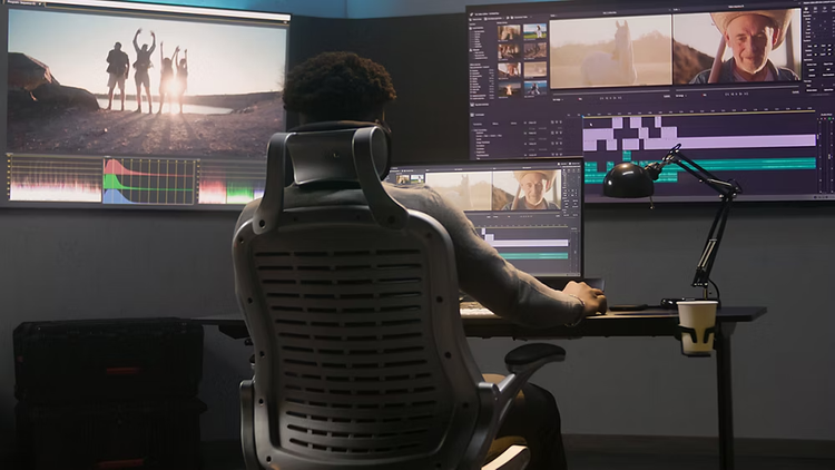 A video editing professional at his desk with multiple screens