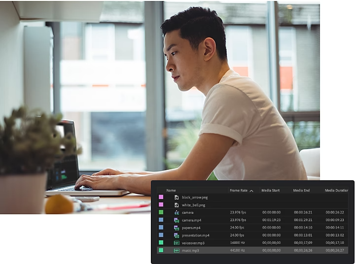 A photo of a person using their laptop at a desk and a list of media files in a finder window superimposed over it