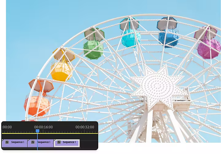 A screenshot of a duplicated clip in Premiere Pro superimposed on a photo of a Ferris wheel.