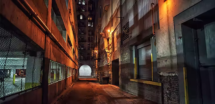 Dramatic, low-key lit alley ending in a mist covered archway