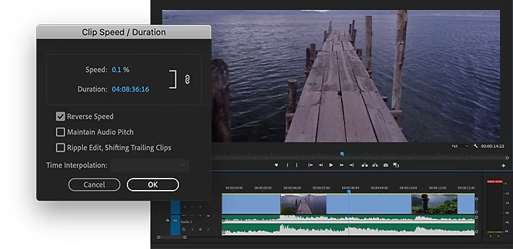 The Adobe Premiere Rush Reverse Speed interface transposed over video of boat in water