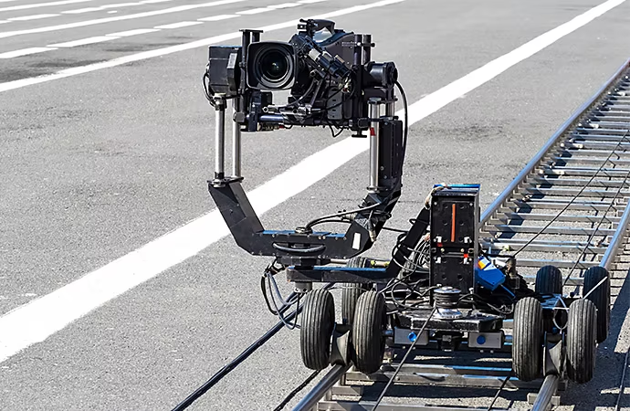 A camera on a dolly track is ready to capture a tracking shot.