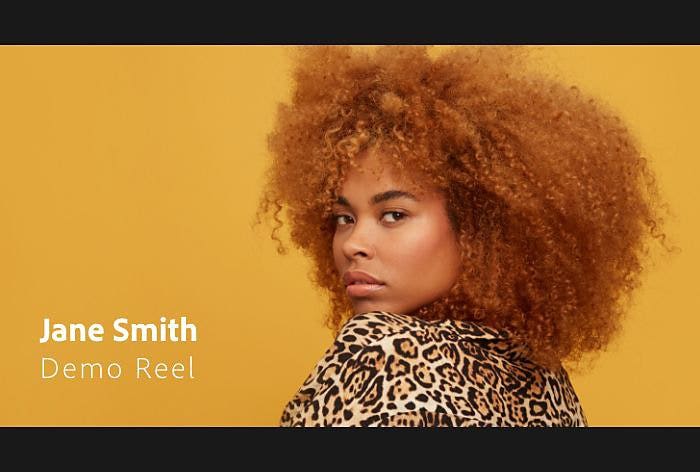 Still from a demo reel featuring someone in leopard-print clothing with voluminous curly brown hair