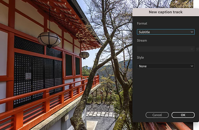 The Adobe Premiere Pro caption pane superimposed over an image of a house