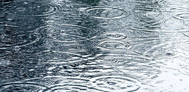 Raindrops hitting the surface of a body of water