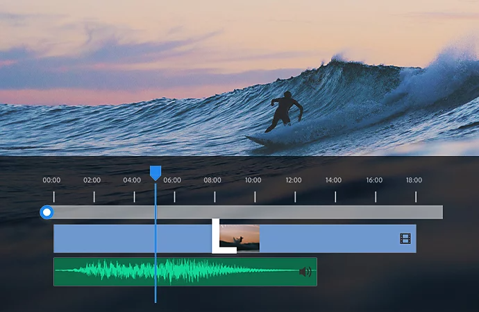 An L cut editing technique applied to a video and audio timeline superimposed over an image of a person surfing