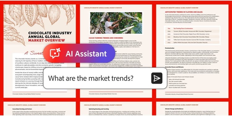 Chocolate industry market report pages with Acrobat 'AI Assistant' overlay and 'What are the market trends?' prompt.