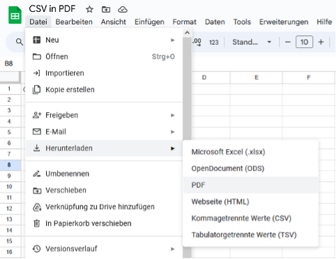 Dialogfenster „Herunterladen“ in Google Sheets mit Download-Option „PDF