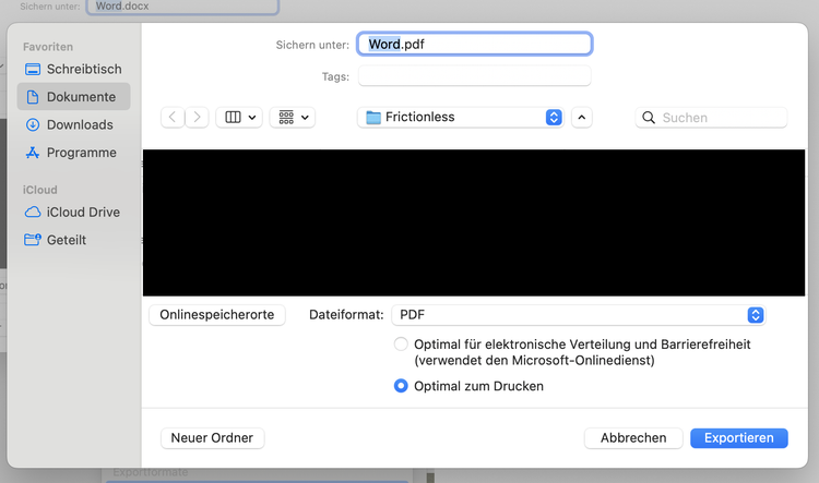 Screenshot nach der Auswahl des Dateiformates PDF mit der Option, die Qualität des PDF festzulegen und recht unten dem Button „Exportieren“.